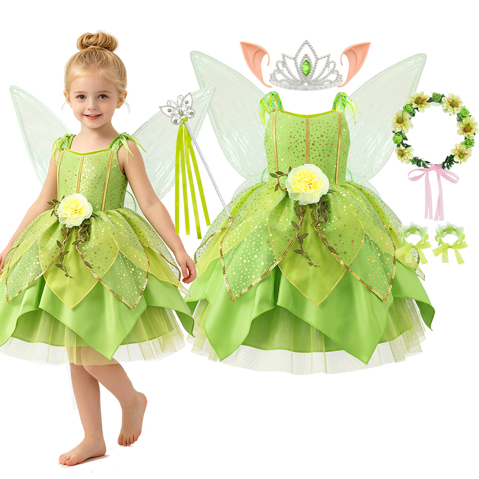 Glitter Tablecloth - Meisjes Groene Bloemenfee Elfenjurk Mouwloos Pailletten