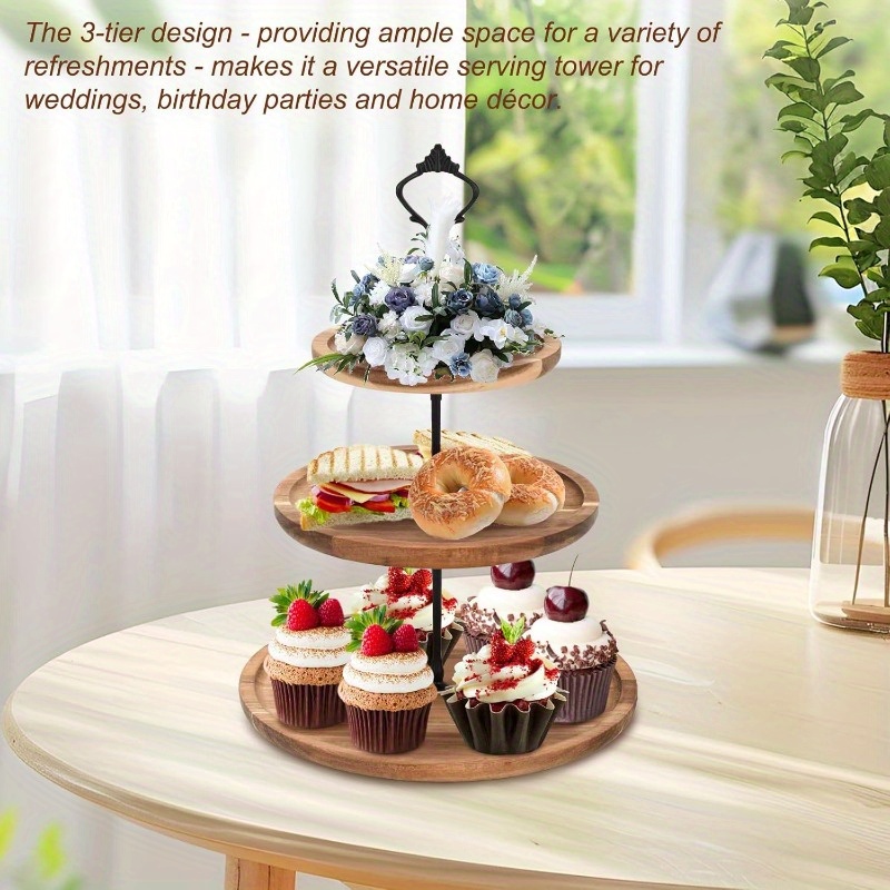 Cupcake Stand Tier - 3-laags taartstandaard van acaciahout, cupcakestandaard, serveerschaal